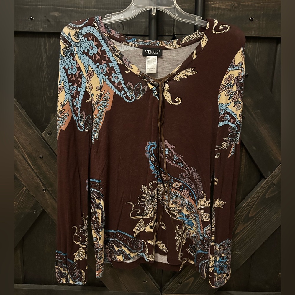 Venus Top Womens Brown Paisley Long Sleeve Boho Chic Hippie Peasant